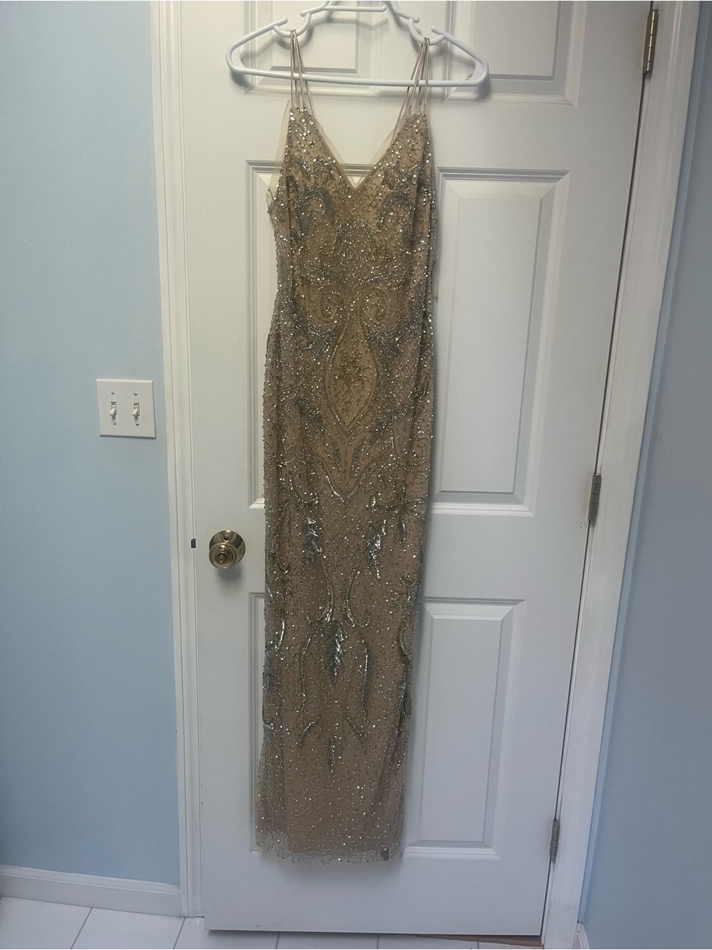Beaded Champagne Evening Gown - Elegant Spaghetti Strap Dress